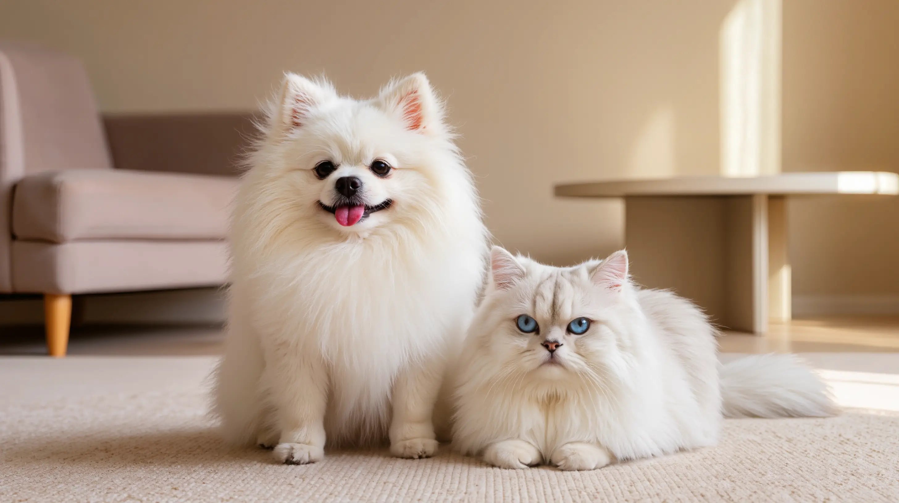 White dog and cat sitting together on a carpeted floor in a living room.